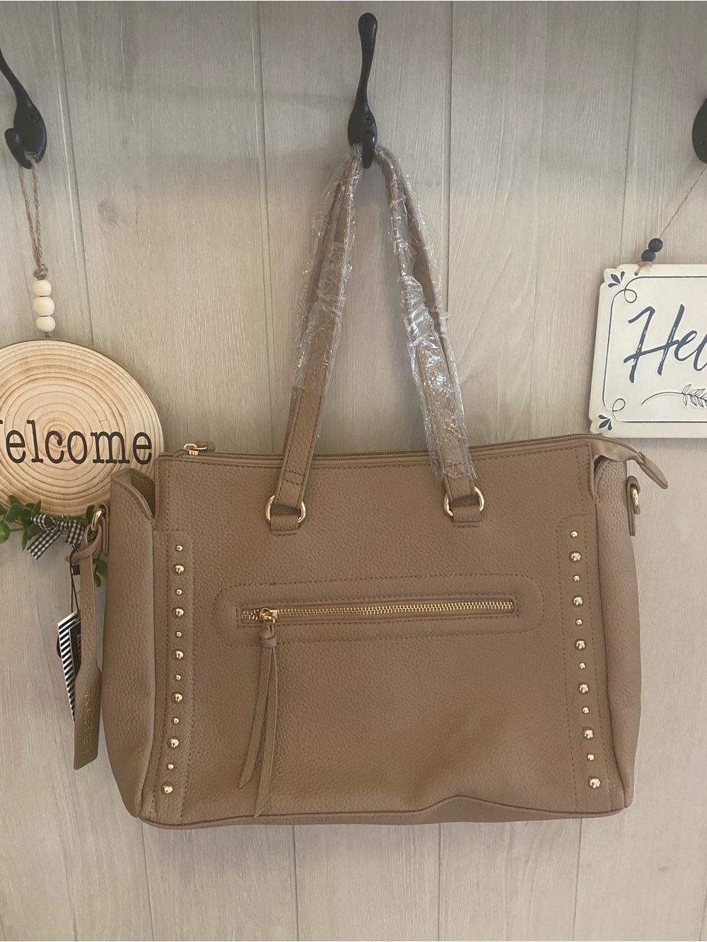 Taupe Stud-Accent Tote Handbag